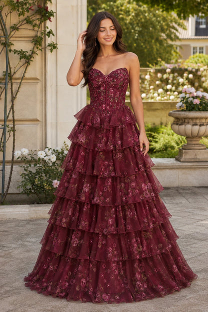 Maelle Strapless Tiered Ruffle Ball Gown Prom Dress in Burgundy Floral, front view