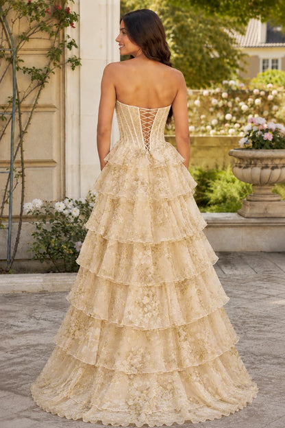 Maelle Strapless Tiered Ruffle Ball Gown Prom Dress in Champagne Gold Floral, back view