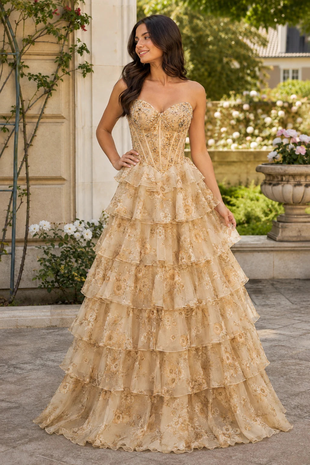 Maelle Strapless Tiered Ruffle Ball Gown Prom Dress in Champagne Gold Floral, front view
