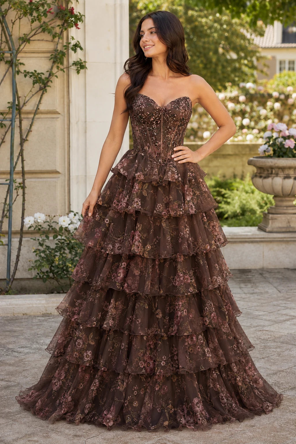 Maelle Strapless Tiered Ruffle Ball Gown Prom Dress in Chocolate Brown Floral, front view