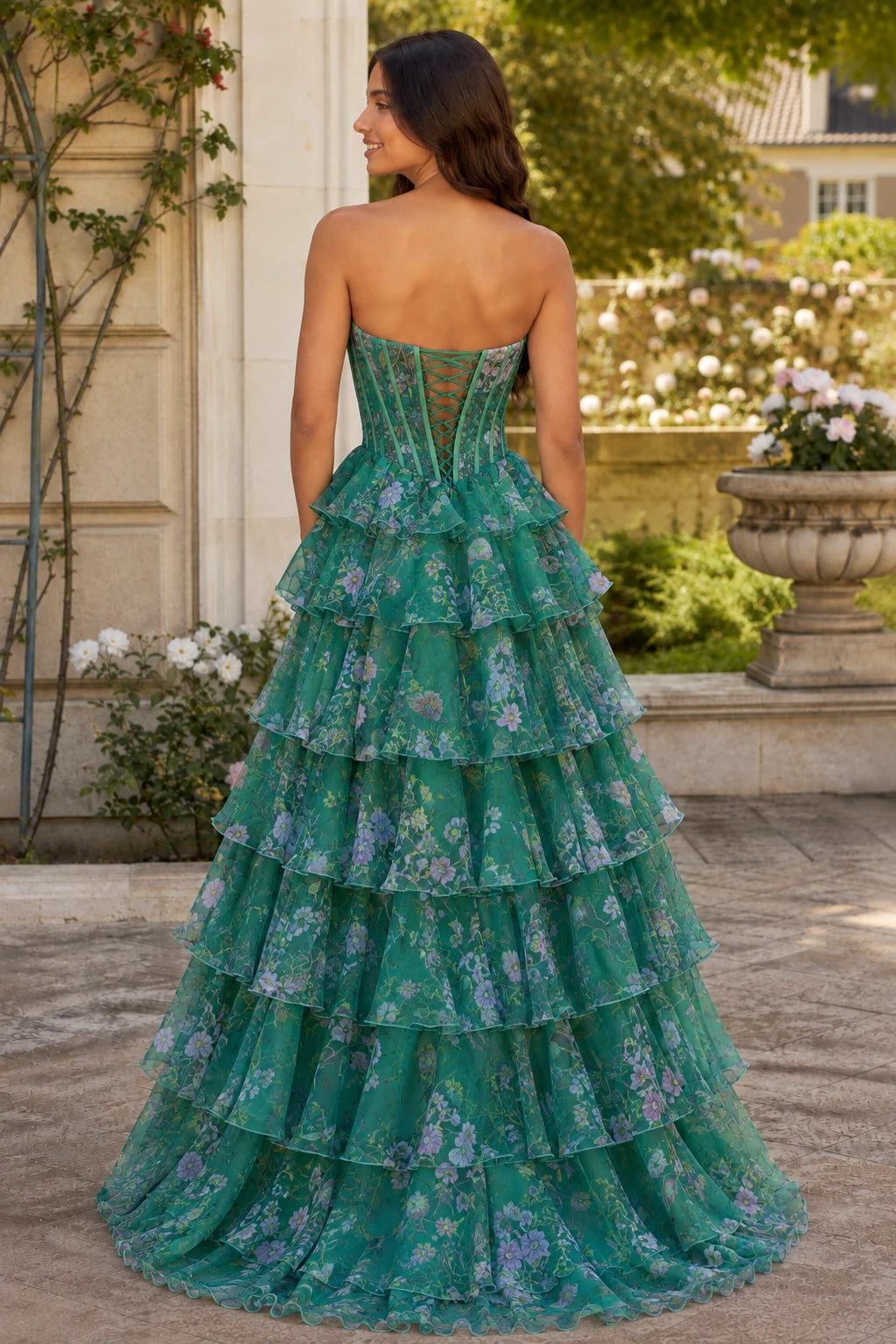 Maelle Strapless Tiered Ruffle Ball Gown Prom Dress in Emerald Green Floral, back view
