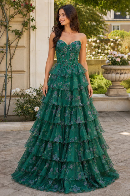 Maelle Strapless Tiered Ruffle Ball Gown Prom Dress in Emerald Green Floral, front view