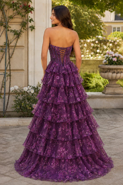 Maelle Strapless Tiered Ruffle Ball Gown Prom Dress in Gemstone Purple Floral, back view