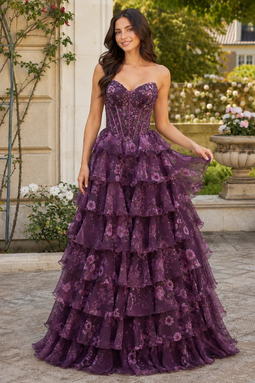 Maelle Strapless Tiered Ruffle Ball Gown Prom Dress in Gemstone Purple Floral, front view