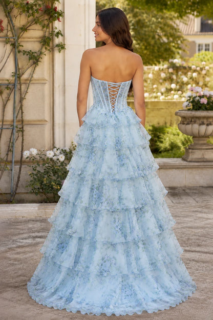 Maelle Strapless Tiered Ruffle Ball Gown Prom Dress in Light Blue Floral, back view