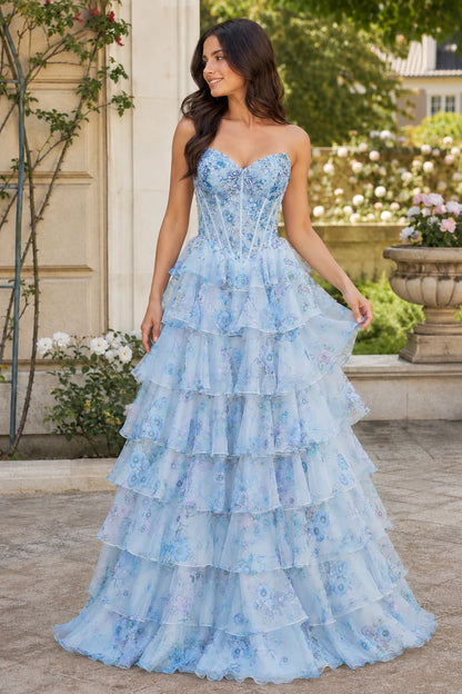 Maelle Strapless Tiered Ruffle Ball Gown Prom Dress in Light Blue Floral, front view