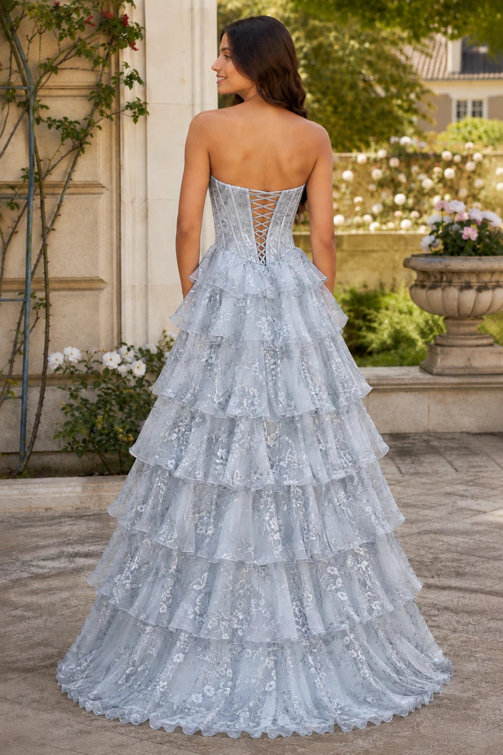 Maelle Strapless Tiered Ruffle Ball Gown Prom Dress in Metallic Silver Floral, back view