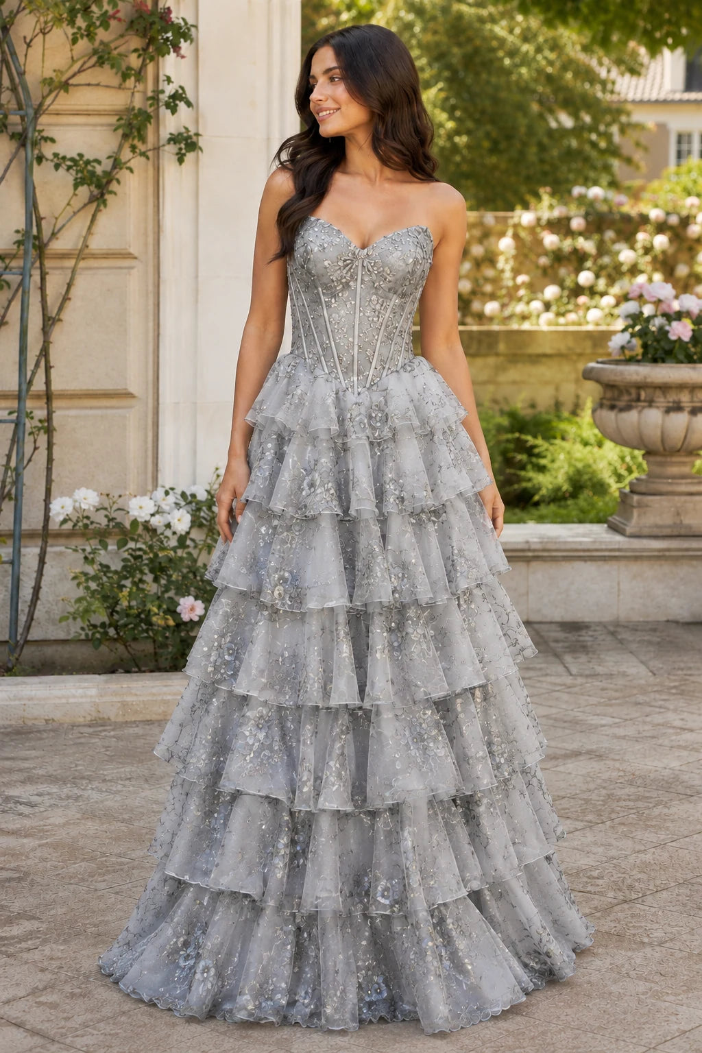 Maelle Strapless Tiered Ruffle Ball Gown Prom Dress in Metallic Silver Floral, front view