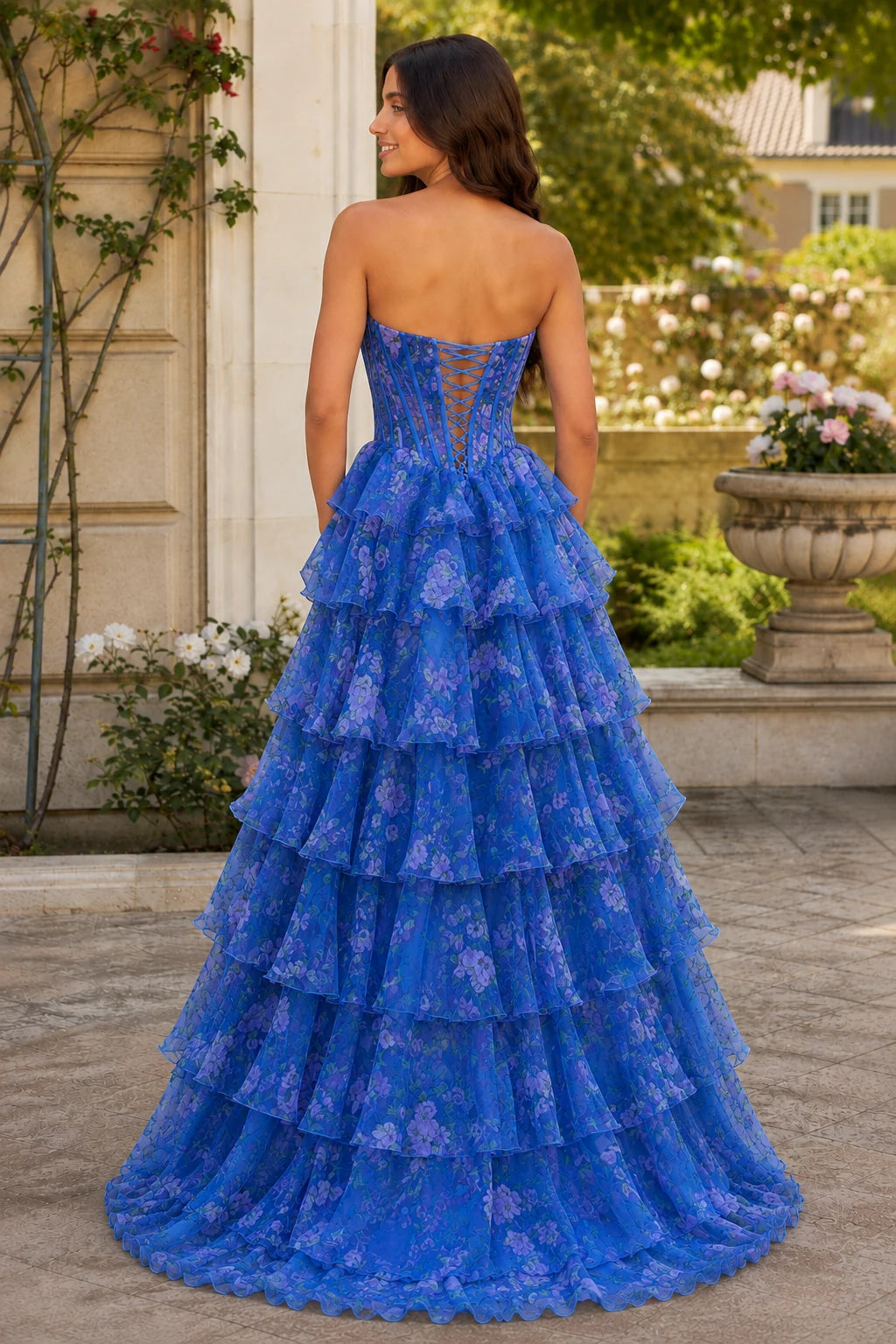 Maelle Strapless Tiered Ruffle Ball Gown Prom Dress in Royal Blue Floral, back view