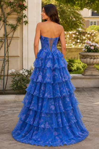 Maelle Strapless Tiered Ruffle Ball Gown Prom Dress in Royal Blue Floral, back view