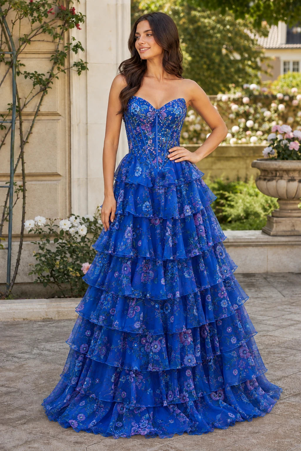 Maelle Strapless Tiered Ruffle Ball Gown Prom Dress in Royal Blue Floral, front view