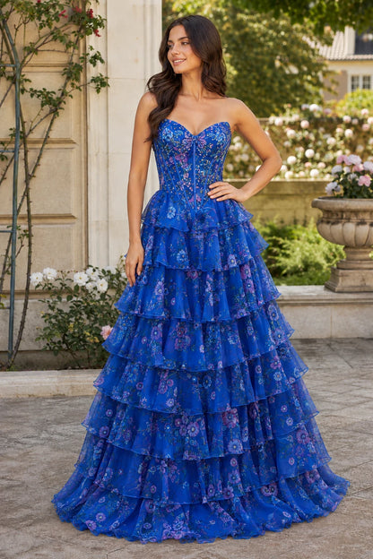 Maelle Strapless Tiered Ruffle Ball Gown Prom Dress in Royal Blue Floral, front view