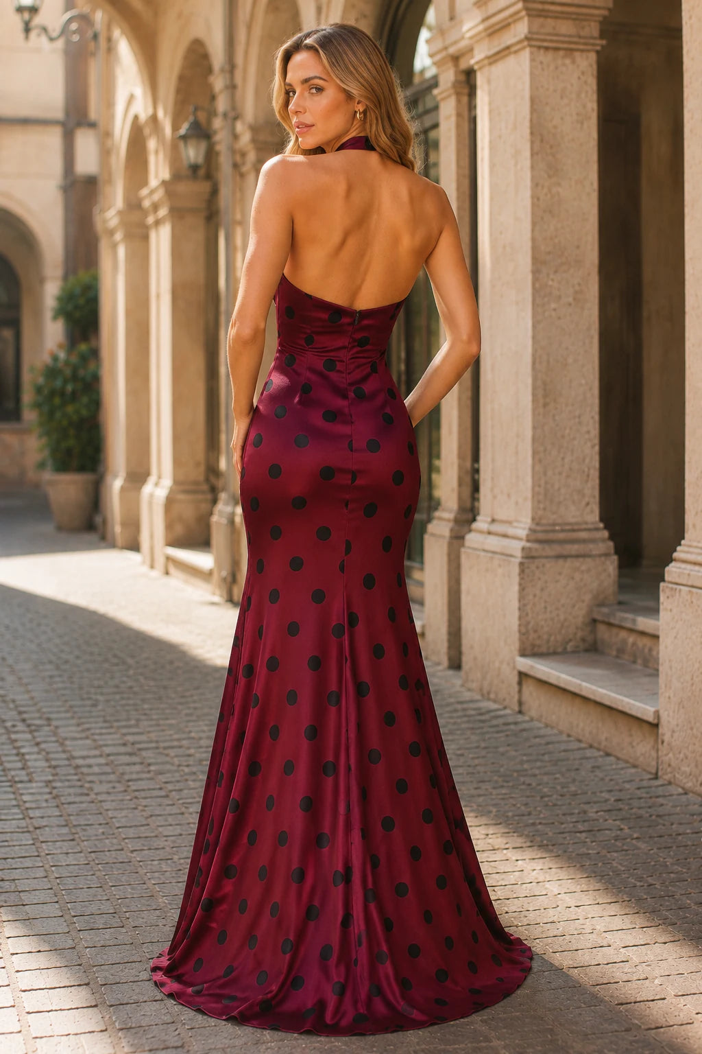 Alessia Strapless Polka Dot Mermaid Prom Dress with Slit in Burgundy Polka Dot, back view