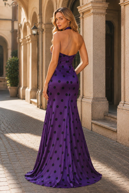 Alessia Strapless Polka Dot Mermaid Prom Dress with Slit in Gemstone Purple Polka Dot, back view