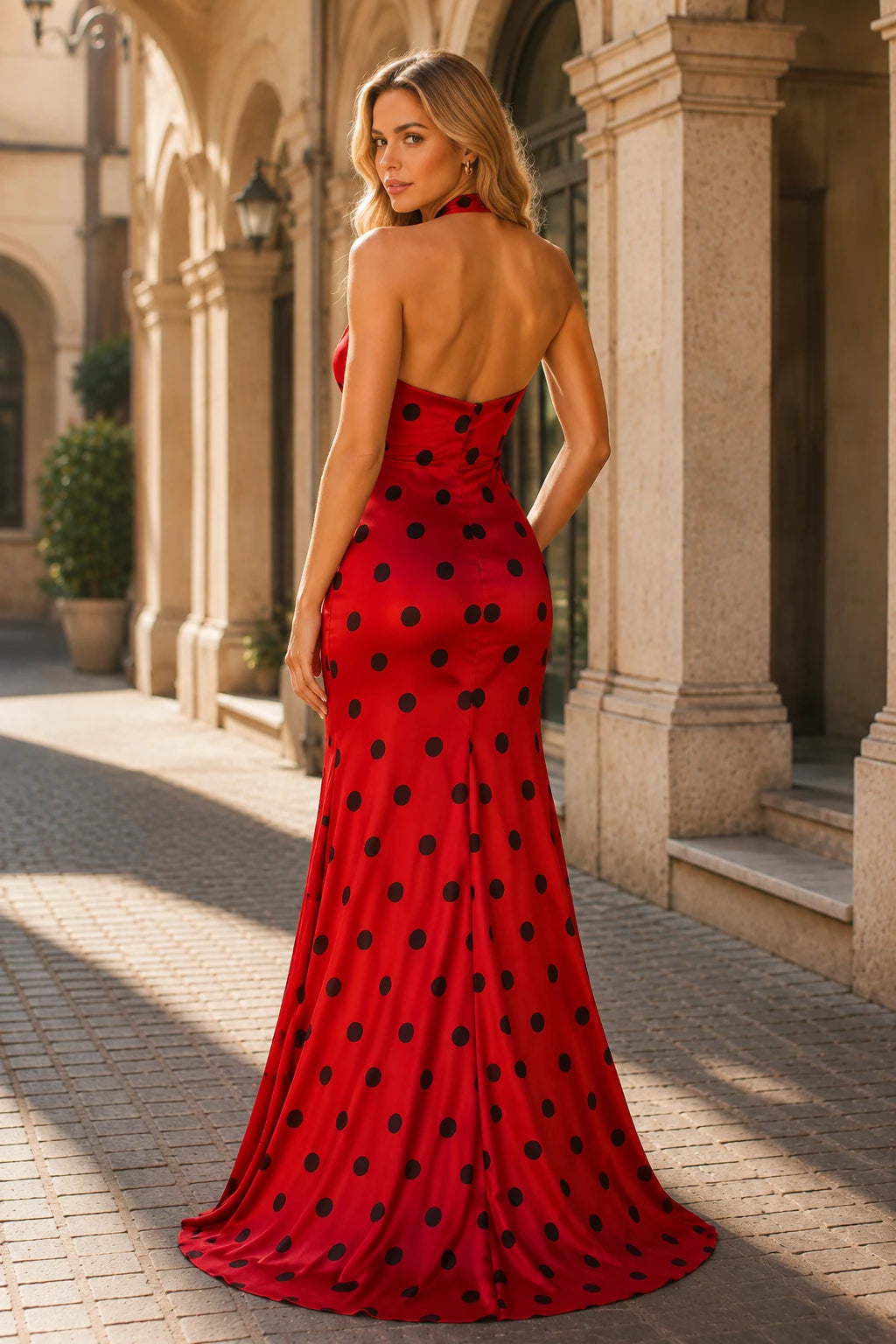 Alessia Strapless Polka Dot Mermaid Prom Dress with Slit in True Red Polka Dot, back view