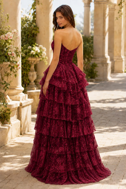 Valentina Strapless Tiered Floral Ball Gown Prom Dress in Burgundy Floral, back view