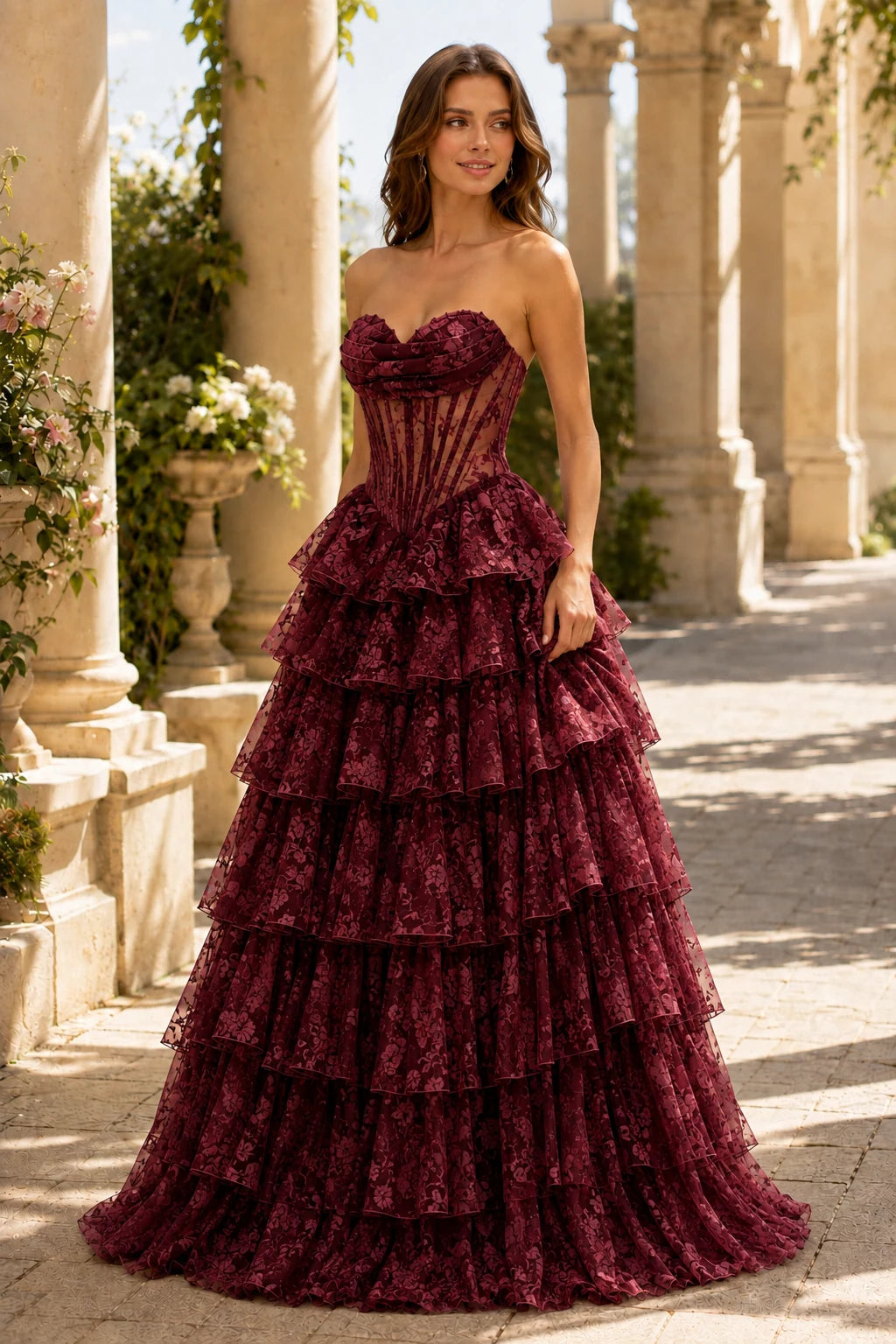 Valentina Strapless Tiered Floral Ball Gown Prom Dress in Burgundy Floral, front view