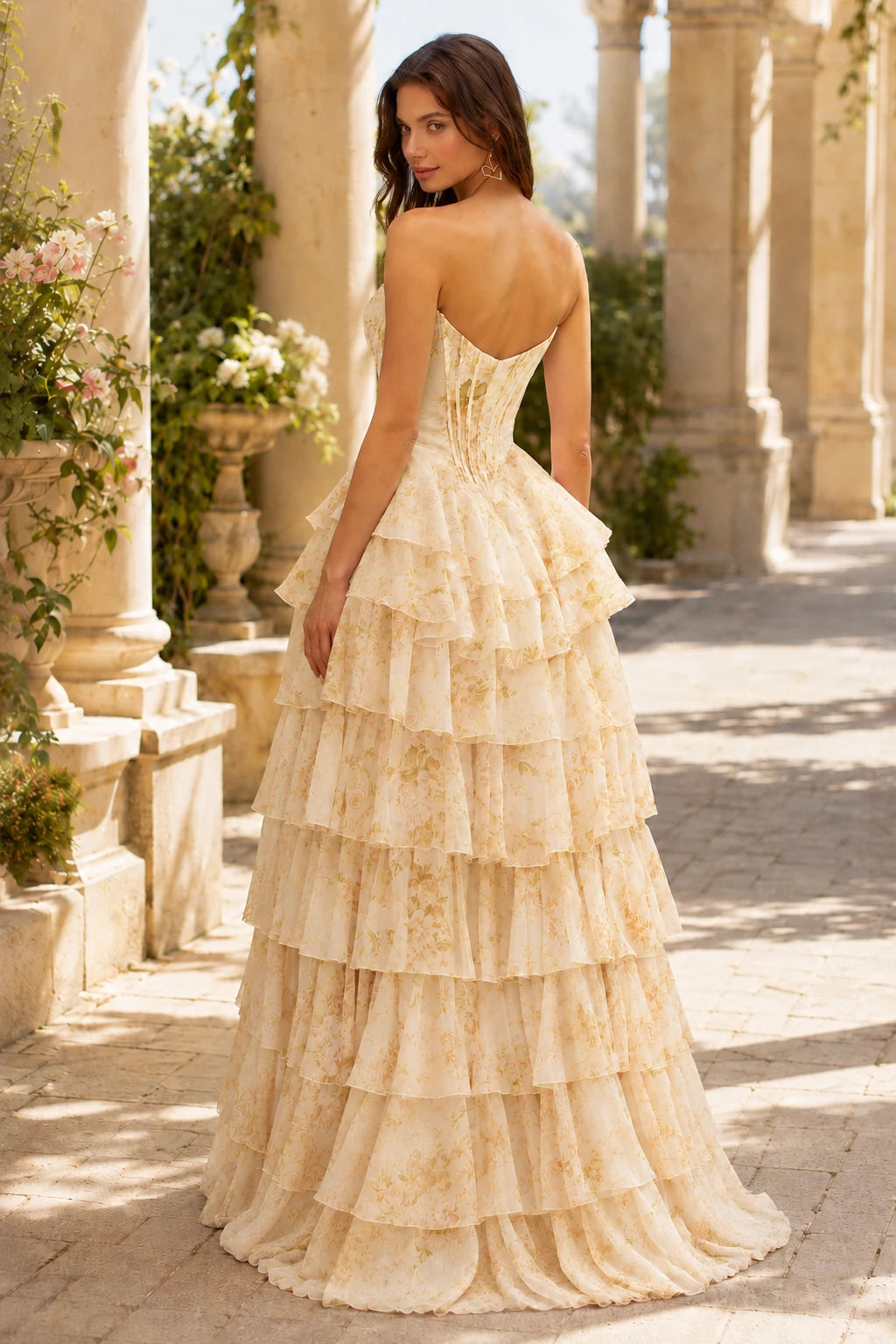 Valentina Strapless Tiered Floral Ball Gown Prom Dress in Champagne Gold Floral, back view
