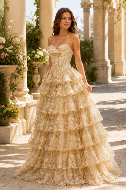 Valentina Strapless Tiered Floral Ball Gown Prom Dress in Champagne Gold Floral, front view
