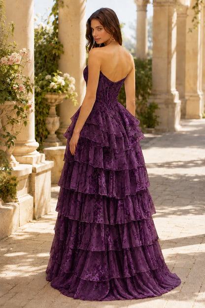 Valentina Strapless Tiered Floral Ball Gown Prom Dress in Gemstone Purple Floral, back view