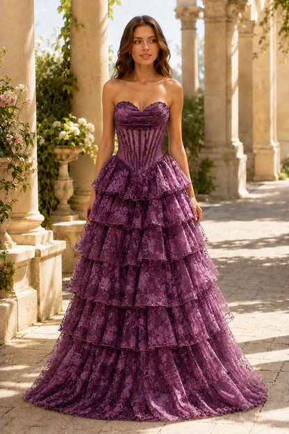 Valentina Strapless Tiered Floral Ball Gown Prom Dress in Gemstone Purple Floral, front view