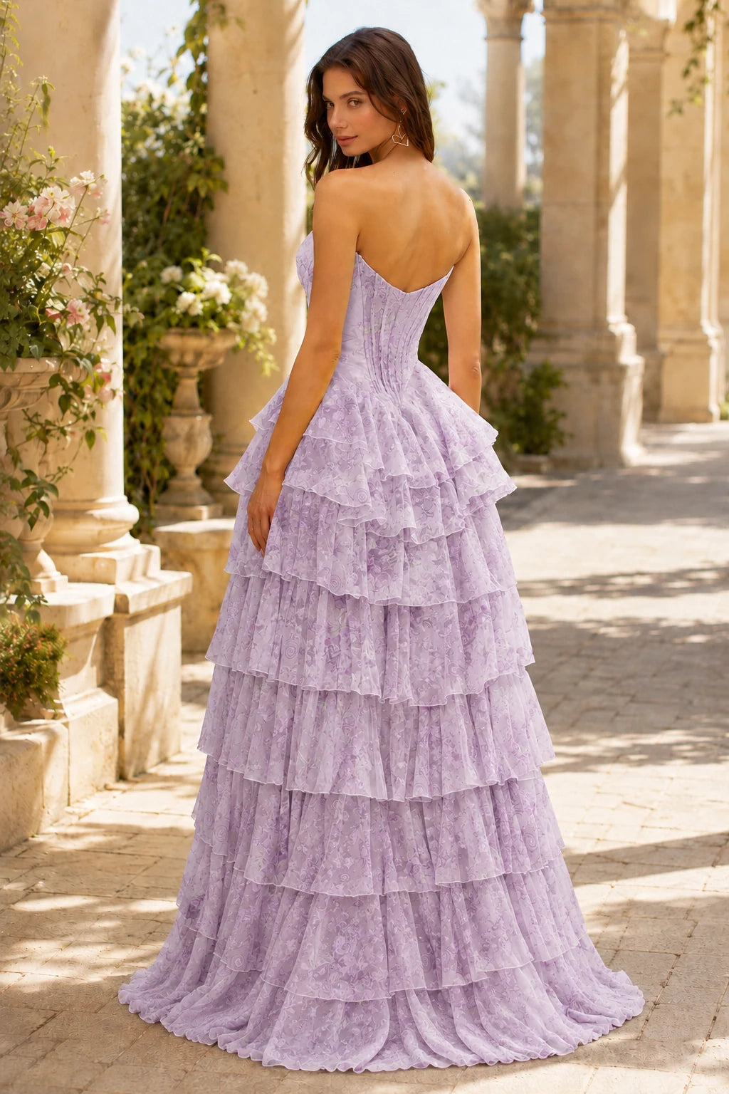Valentina Strapless Tiered Floral Ball Gown Prom Dress in Lavender Floral, back view