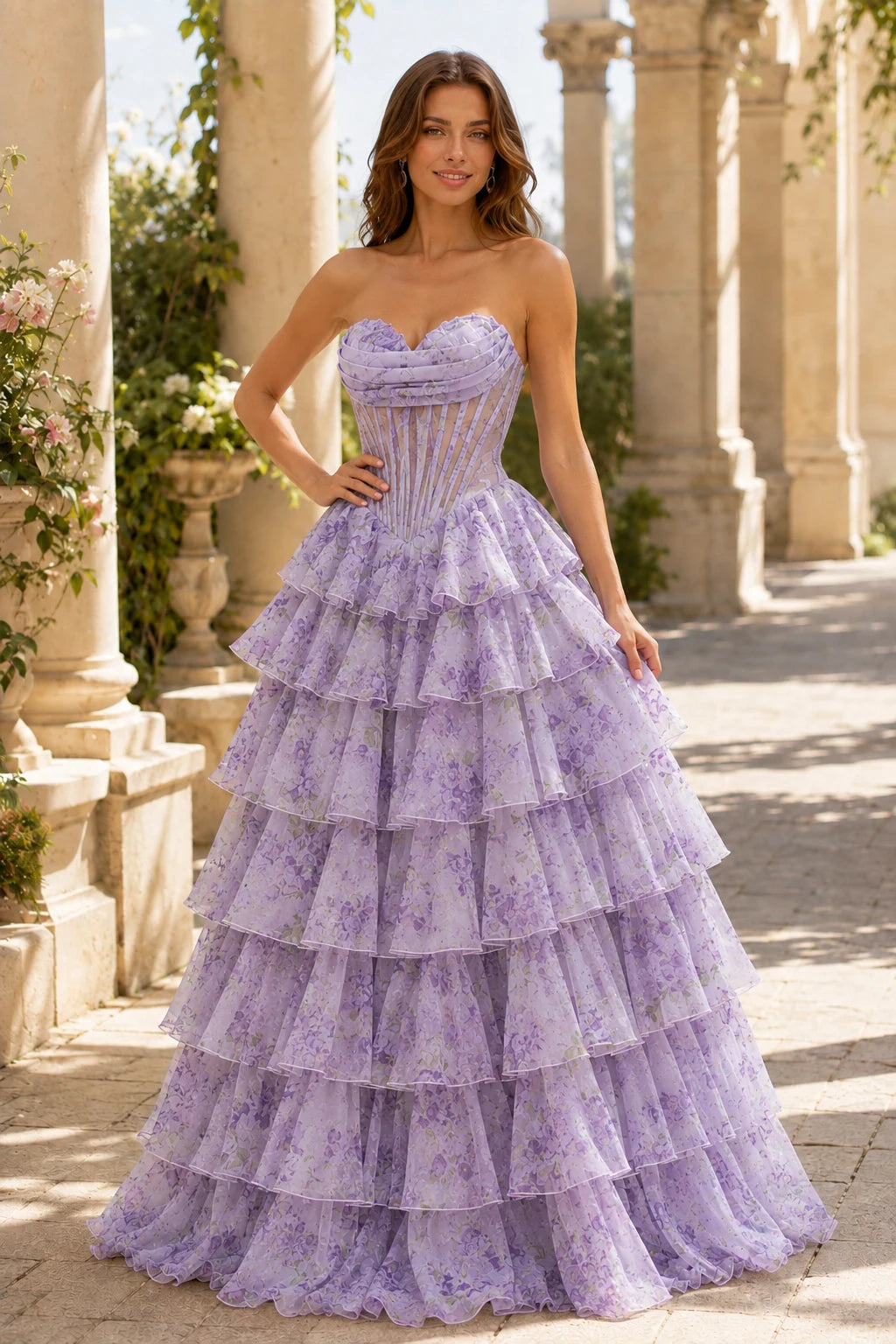 Valentina Strapless Tiered Floral Ball Gown Prom Dress in Lavender Floral, front view