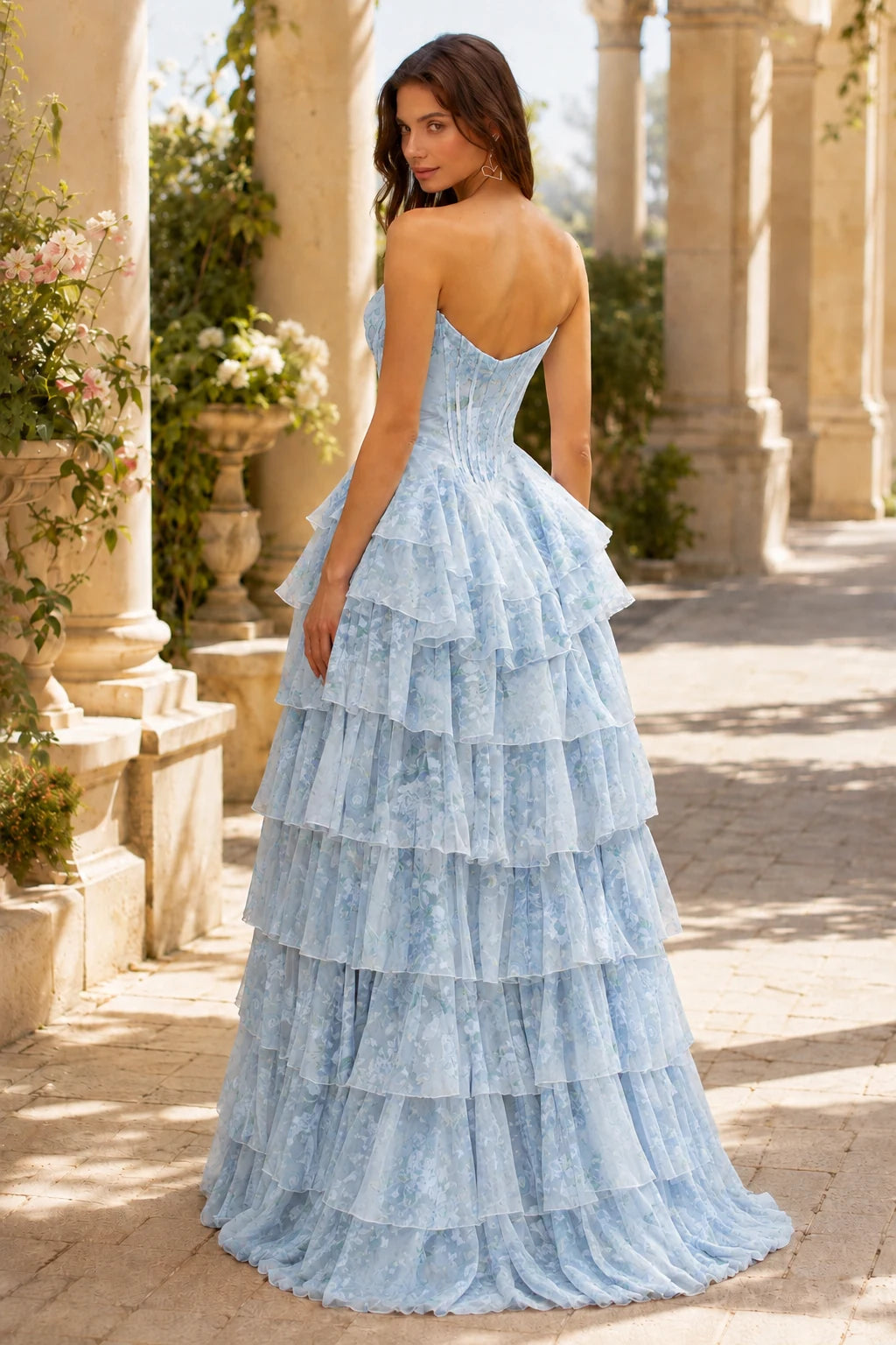 Valentina Strapless Tiered Floral Ball Gown Prom Dress in Light Blue Floral, back view
