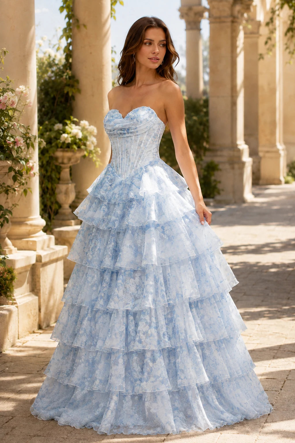 Valentina Strapless Tiered Floral Ball Gown Prom Dress in Light Blue Floral, front view