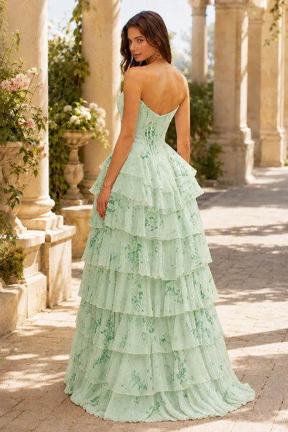 Valentina Strapless Tiered Floral Ball Gown Prom Dress in Mint Green Floral, back view
