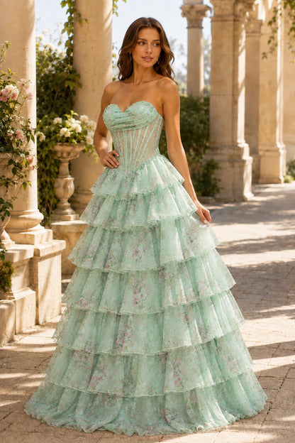 Valentina Strapless Tiered Floral Ball Gown Prom Dress in Mint Green Floral, front view