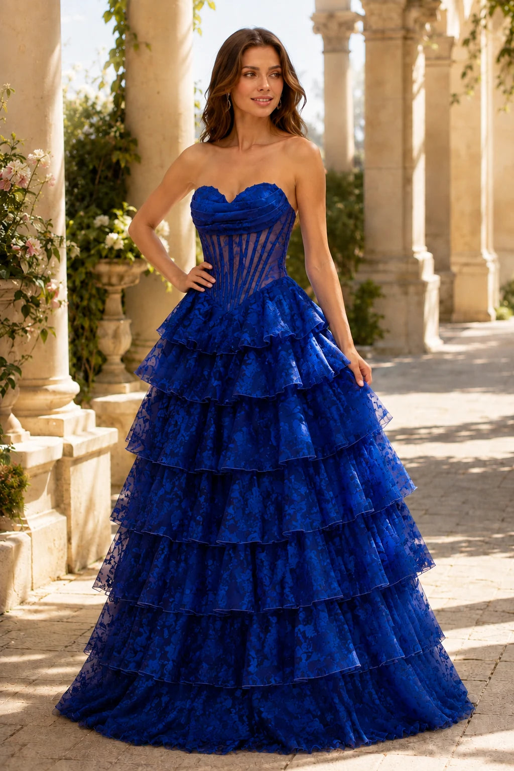 Valentina Strapless Tiered Floral Ball Gown Prom Dress in Royal Blue Floral, front view