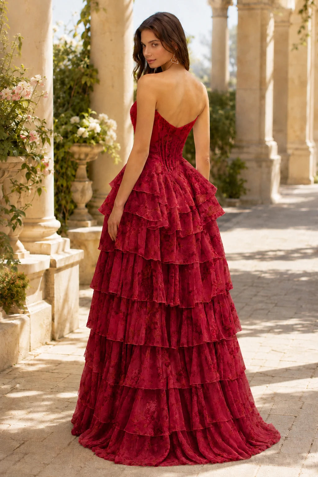 Valentina Strapless Tiered Floral Ball Gown Prom Dress in True Red Floral, back view