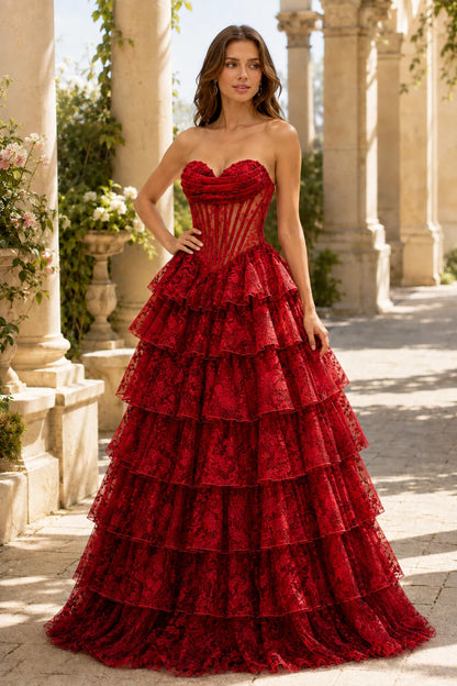 Valentina Strapless Tiered Floral Ball Gown Prom Dress in True Red Floral, front view