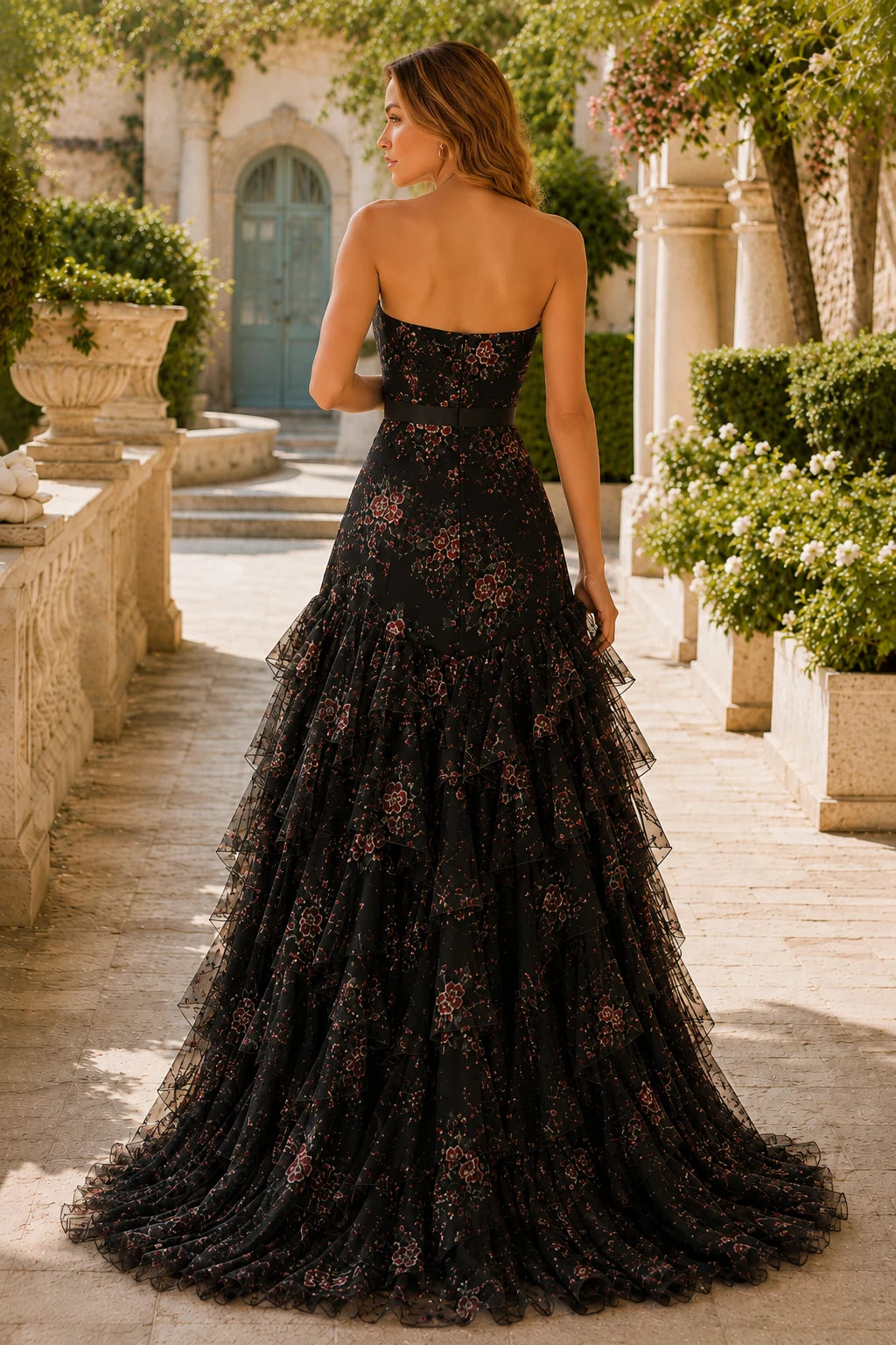 Bianca Strapless Ruffle Mermaid Prom Dress with Slit in Black Floral, back view