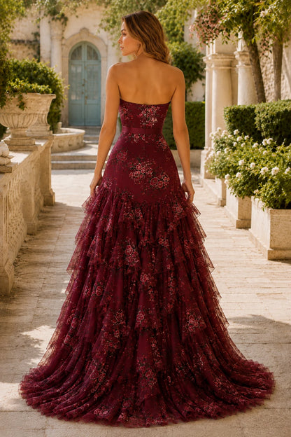 Bianca Strapless Ruffle Mermaid Prom Dress with Slit in Burgundy Floral, back view