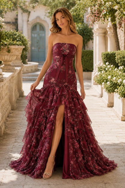 Bianca Strapless Ruffle Mermaid Prom Dress with Slit in Burgundy Floral, front view