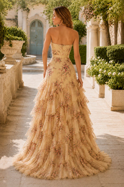 Bianca Strapless Ruffle Mermaid Prom Dress with Slit in Champagne Gold Floral, back view