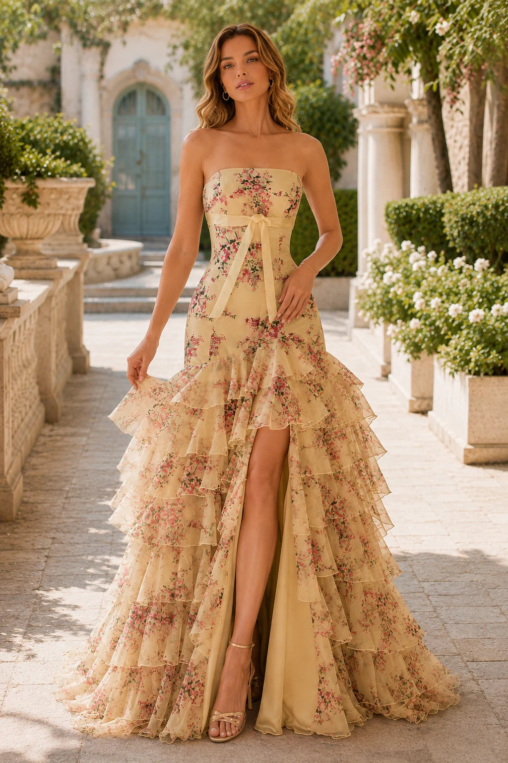 Bianca Strapless Ruffle Mermaid Prom Dress with Slit in Champagne Gold Floral, front view