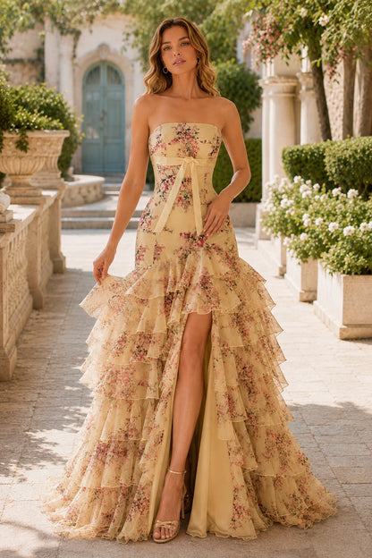 Bianca Strapless Ruffle Mermaid Prom Dress with Slit in Champagne Gold Floral, front view