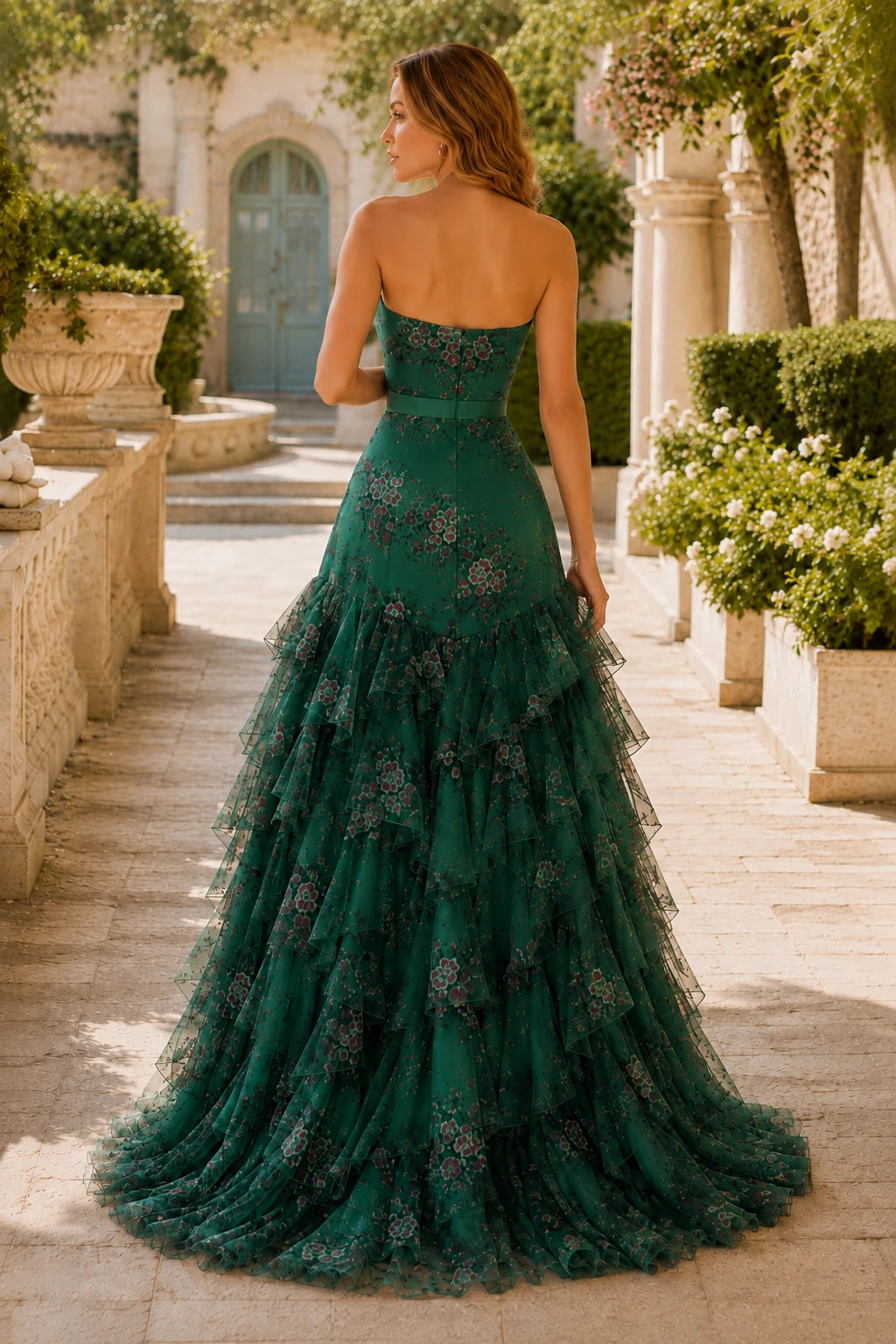 Bianca Strapless Ruffle Mermaid Prom Dress with Slit in Emerald Green Floral, back view
