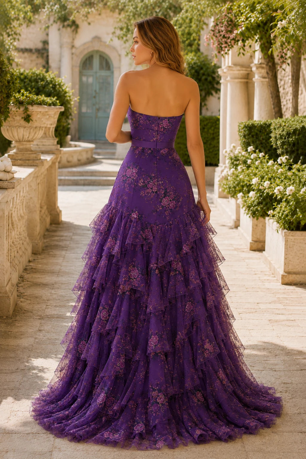Bianca Strapless Ruffle Mermaid Prom Dress with Slit in Gemstone Purple Floral, back view