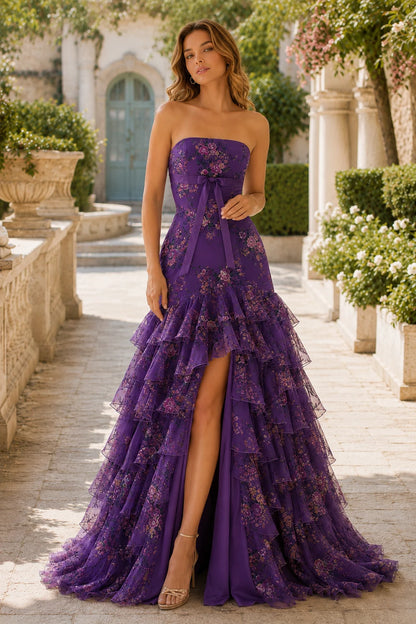 Bianca Strapless Ruffle Mermaid Prom Dress with Slit in Gemstone Purple Floral, front view