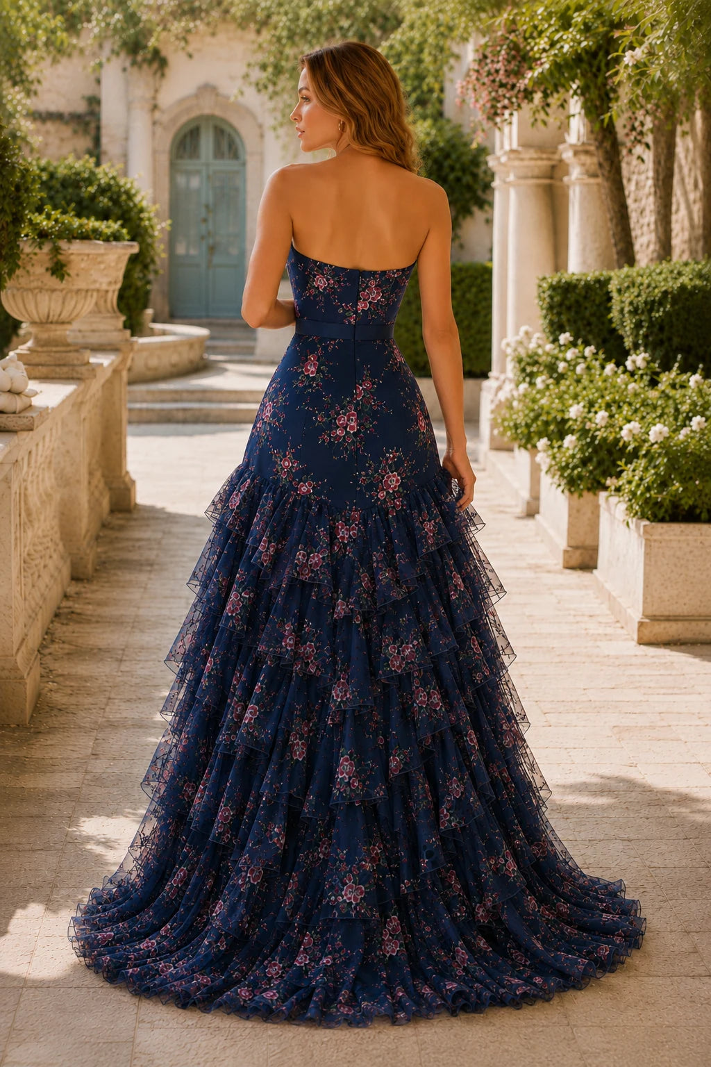 Bianca Strapless Ruffle Mermaid Prom Dress with Slit in Midnight Navy Floral, back view
