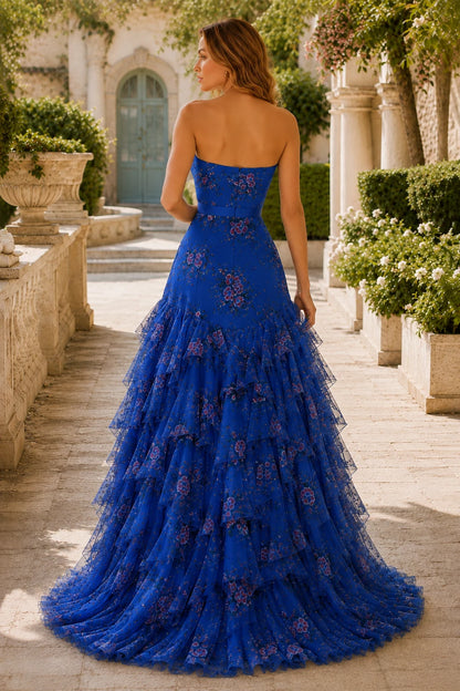 Bianca Strapless Ruffle Mermaid Prom Dress with Slit in Royal Blue Floral, back view
