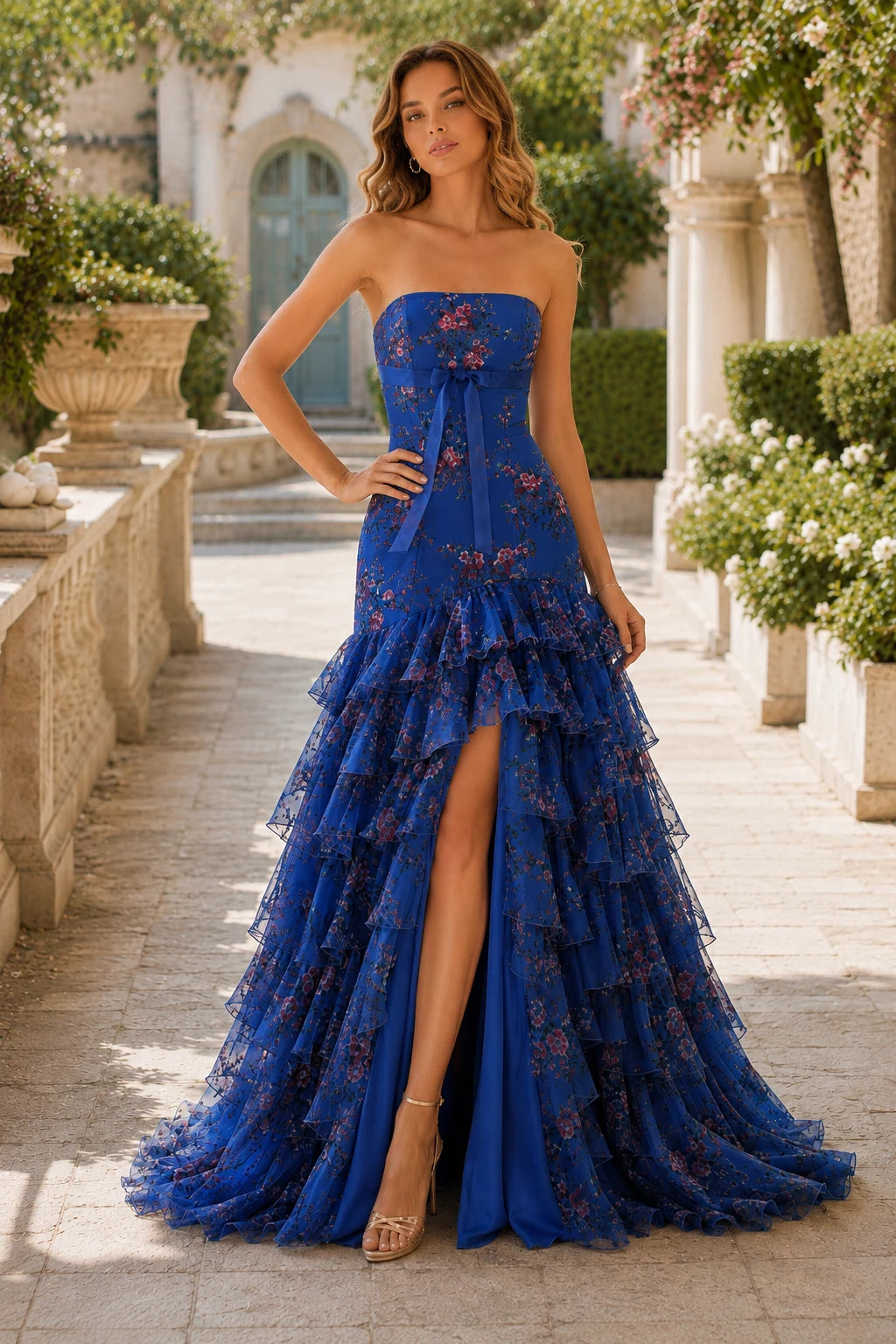 Bianca Strapless Ruffle Mermaid Prom Dress with Slit in Royal Blue Floral, front view