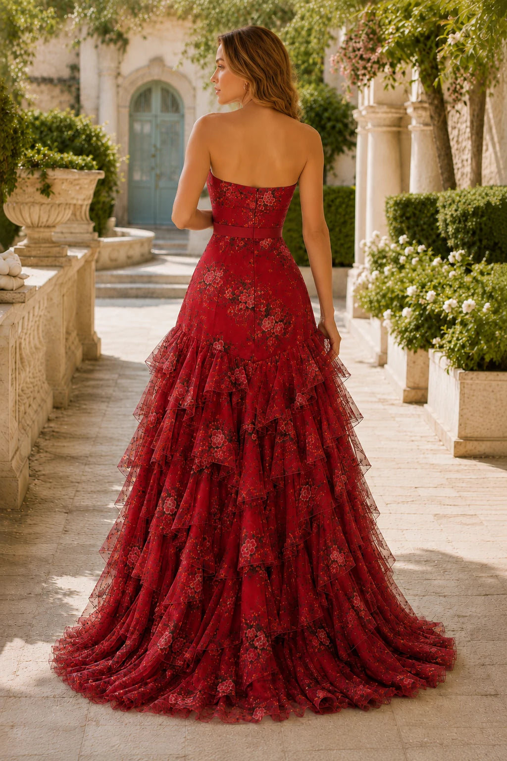 Bianca Strapless Ruffle Mermaid Prom Dress with Slit in True Red Floral, back view