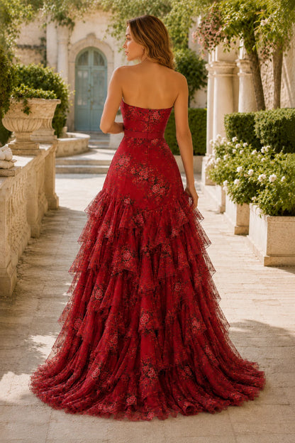 Bianca Strapless Ruffle Mermaid Prom Dress with Slit in True Red Floral, back view