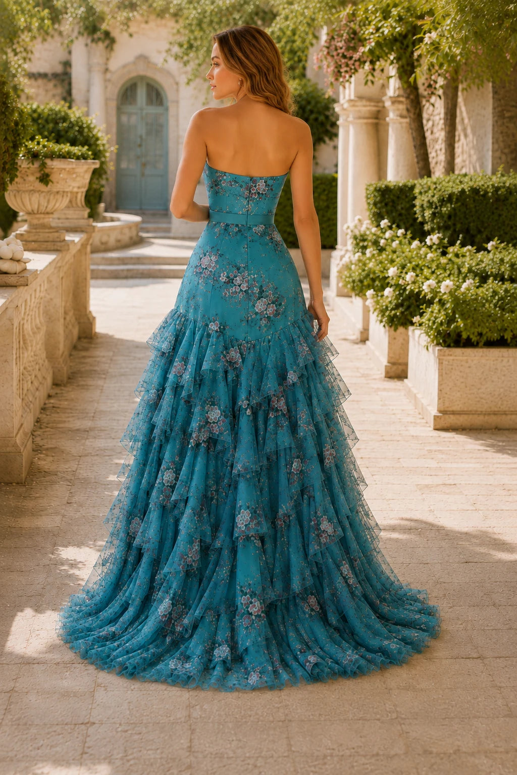 Bianca Strapless Ruffle Mermaid Prom Dress with Slit in Turquoise Teal Floral, back view