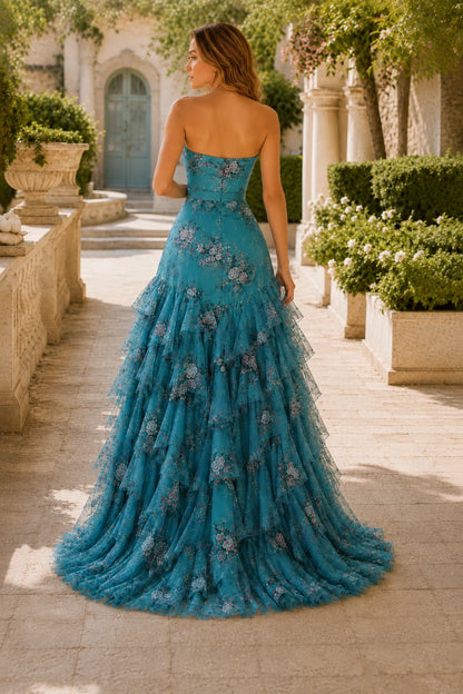 Bianca Strapless Ruffle Mermaid Prom Dress with Slit in Turquoise Teal Floral, back view